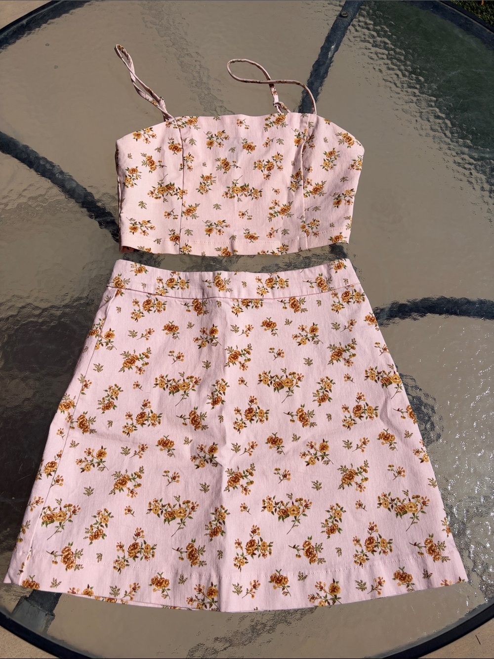 Forever 21 Pink Floral Crop Top & Skirt Set - top M skirt S